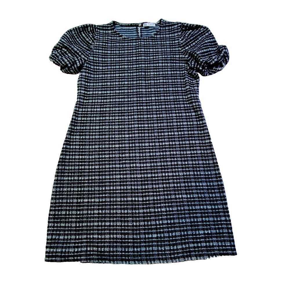 Zara Black & White Plaid Tweed Short Puff Sleeve Mini Dress Women's Large